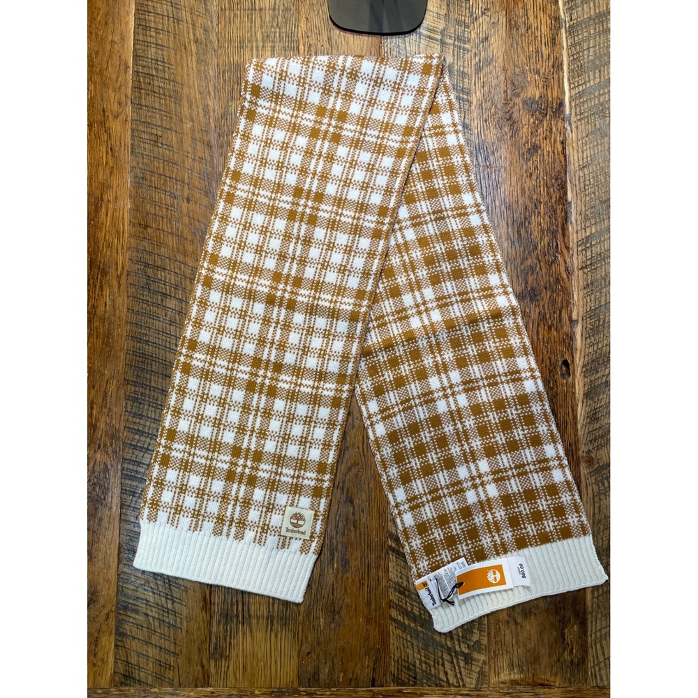 Cozy Timberland Plaid Knit Scarf Wheat White Check Winter‎ Muffler NWT Cottage